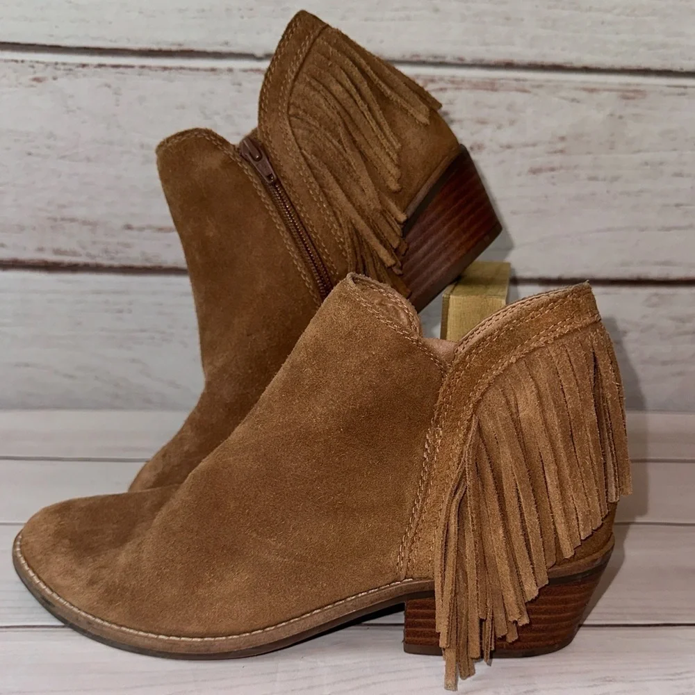Lucky Brand Freedah Fringe Suede Booties Tan Size 7M Western  Boho Almond Toe